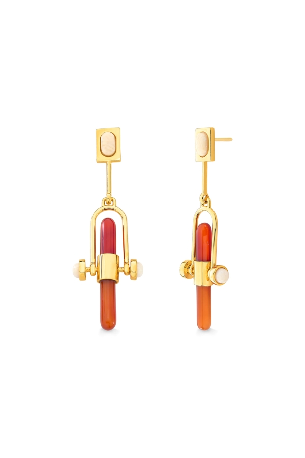 Brinco Pêndulo - Ágata Vermelha e Feldspato Natural - Coleção Tempoesia Banho: Folheado a Ouro