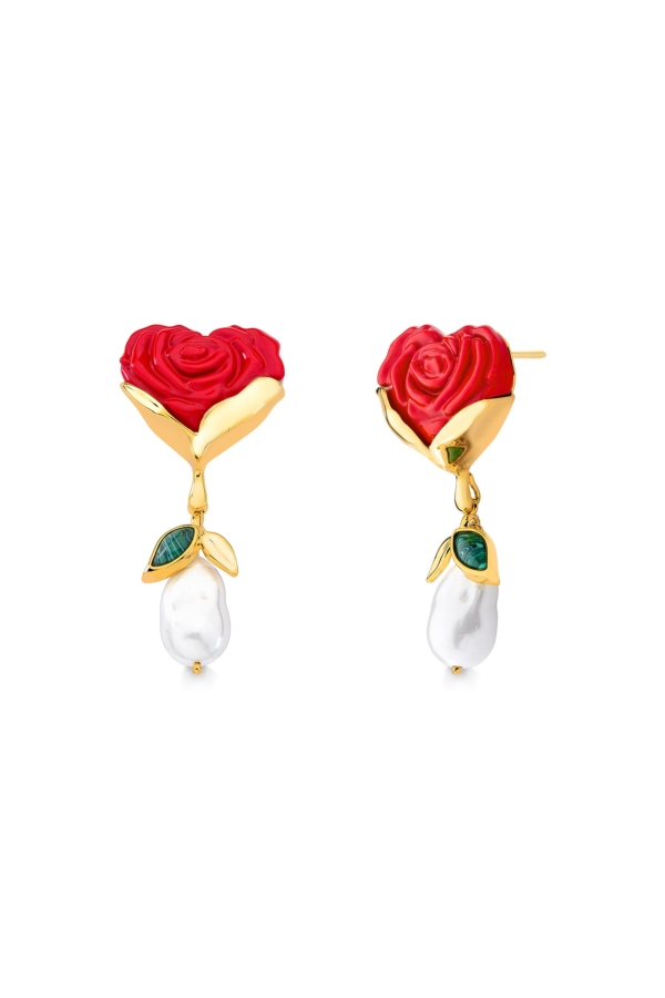 Brinco Florescer - Malaquita, Pérola e Resina Vermelha - Coleção Flor e Ser Amor Banho: Folheado a Ouro