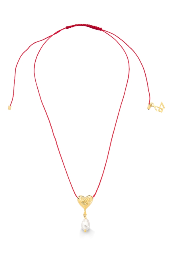 Colar Flor Amor - Cordão Vermelho e Pérola - Coleção Flor e Ser Amor Banho: Folheado a Ouro