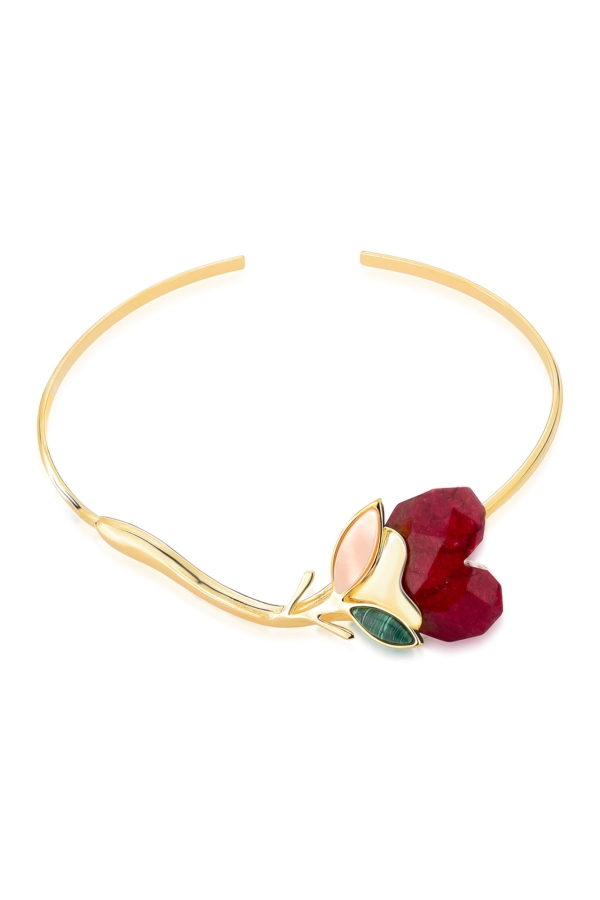 Colar Choker Romance - Feldspato Vermelho, Malaquita e Madrepérola - Coleção Flor e Ser Amor Banho: Folheado a Ouro