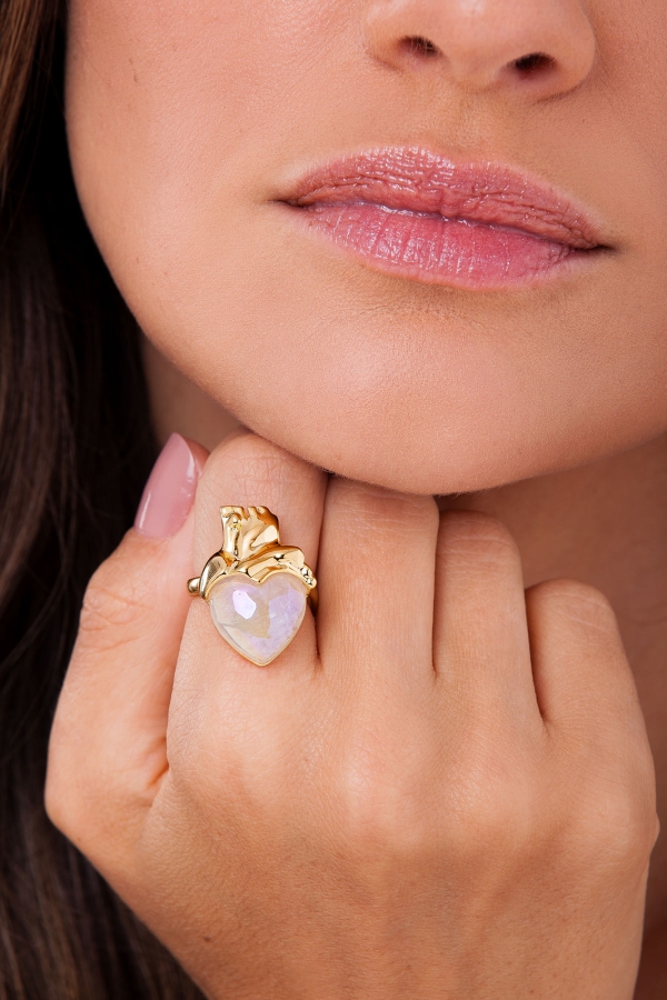 Anel Amor da Minha Vida - Quartzo Branco Holográfico - Coleção Flor e Ser Amor Banho: Folheado a Ouro - Image 3