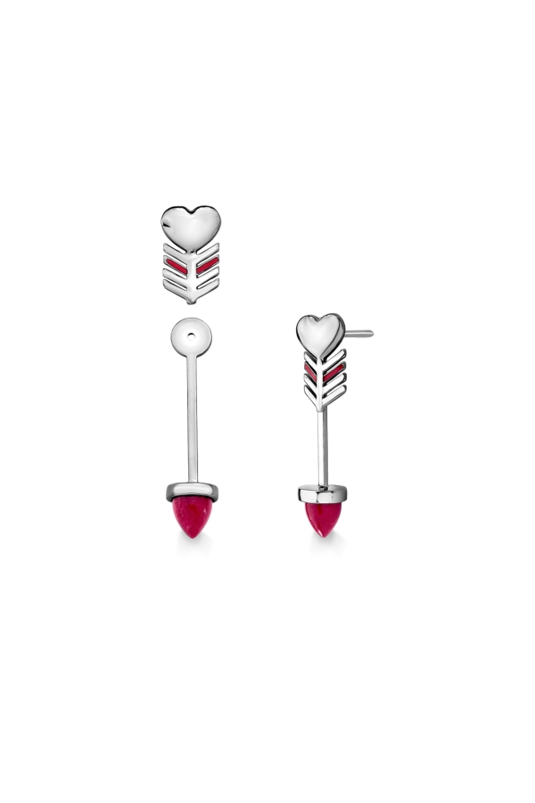 Brinco Arrow Heart - Feldspato Vermelho e Esmalte Vermelho - Coleção Flor e Ser Amor Banho: Ródio Negro