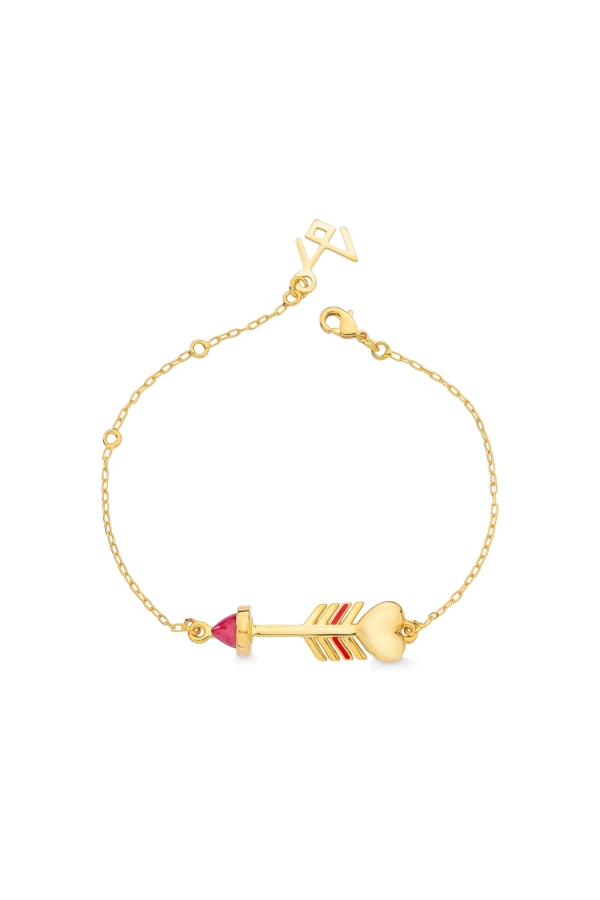 Pulseira Arrow Heart - Feldspato Vermelho e Esmalte Vermelho - Coleção Flor e Ser Amor Banho: Folheado a Ouro