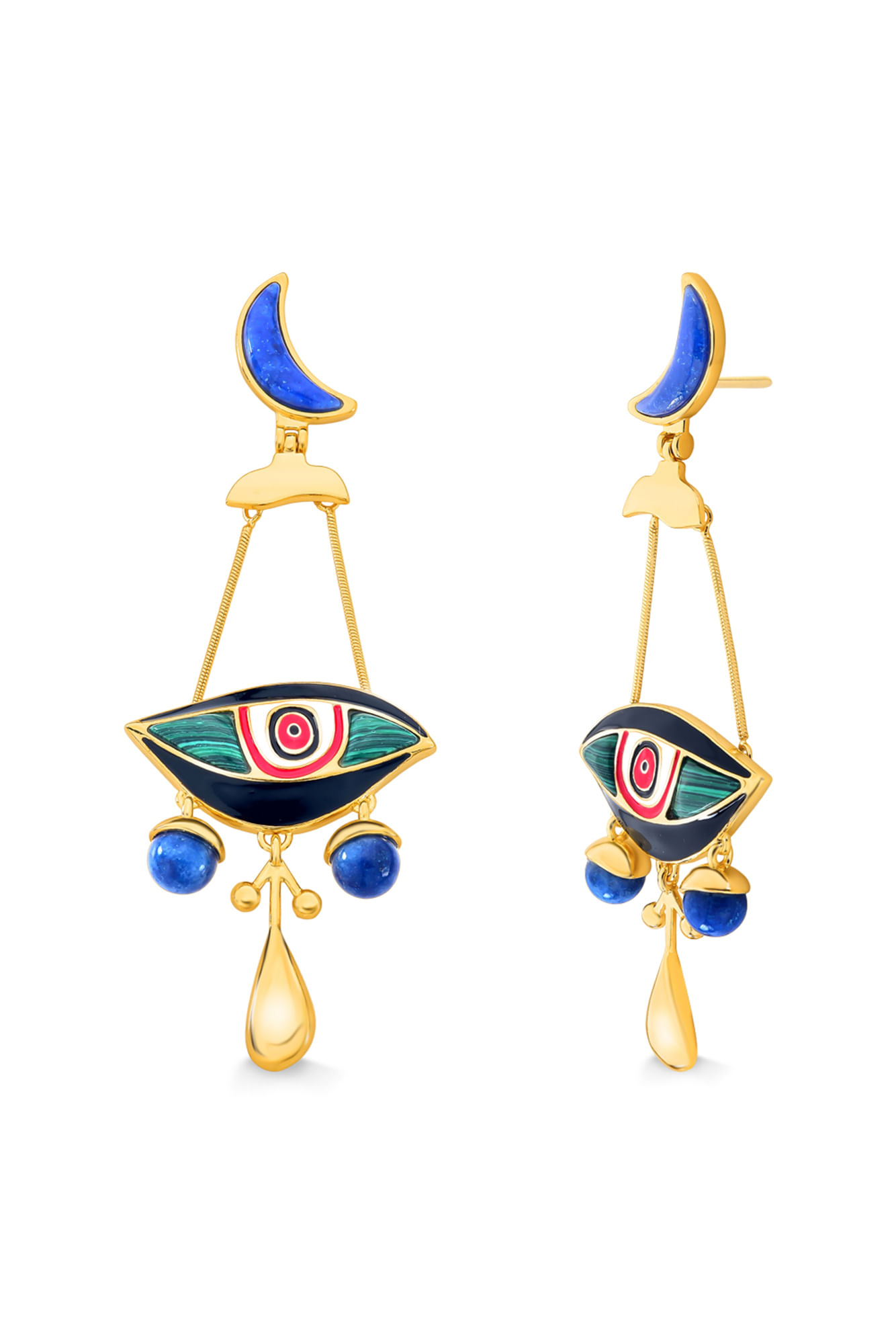 Brinco Los Ojos M - Malaquita, Quartzo Azul Anil e Esmalte Preto e Vermelho - Coleção Fusion Banho: Folheado a Ouro