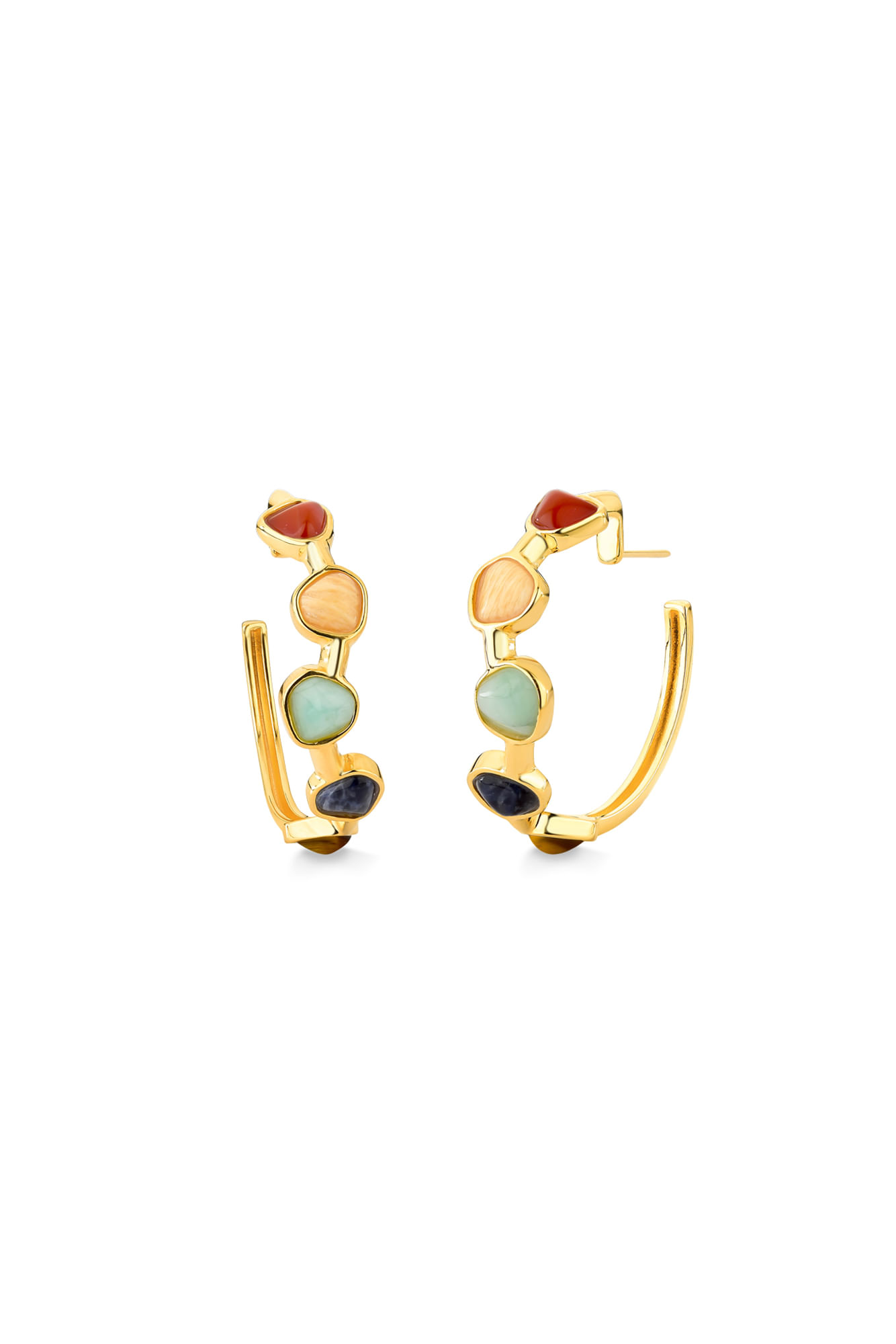 Brinco Argola Encanto M - Ágata Verde, Esmeralda, Feldspato Bege e Sodalita - Coleção Alma Banho: Folheado a Ouro