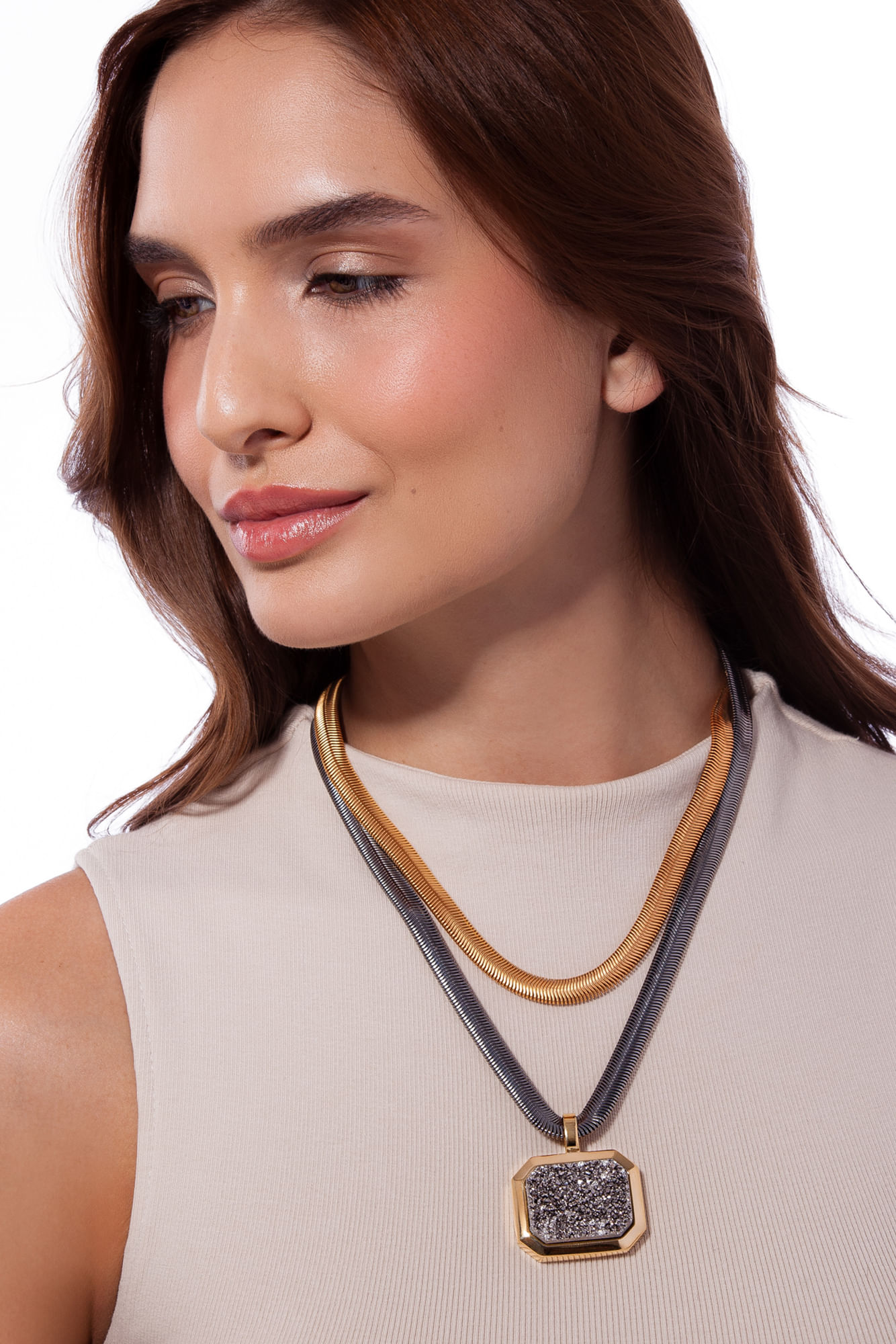 Colar Brillus - Drusa Metalizada - Coleção Inéditos Julho Banho: Folheado a Ouro e Ródio Negro - Imagem 2