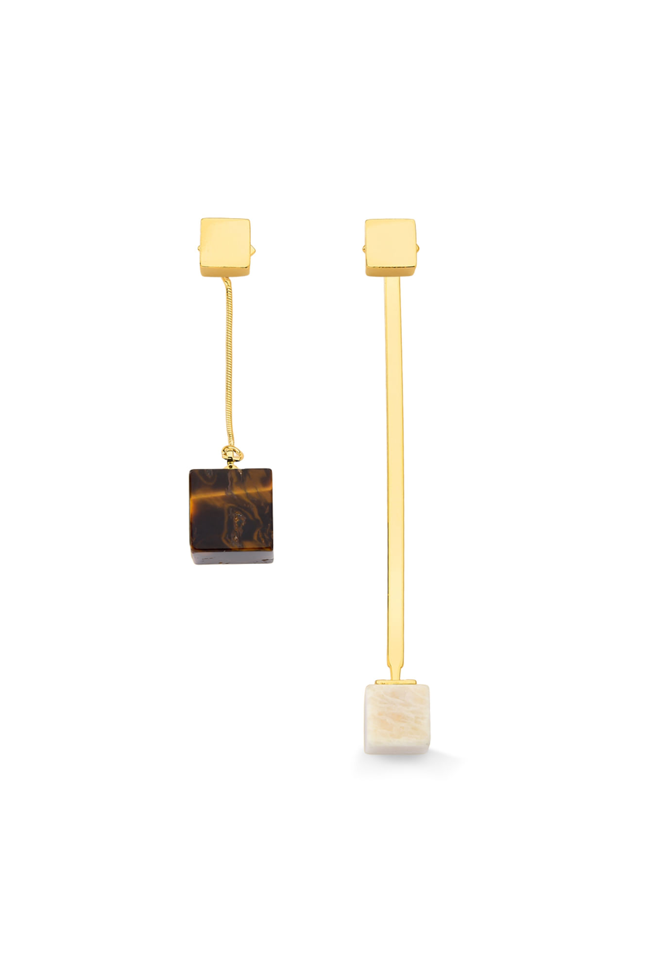 Brinco GL 02 M - Olho de Tigre e Feldspato Natural - Coleção Amor ao Cubo Banho: Folheado a Ouro